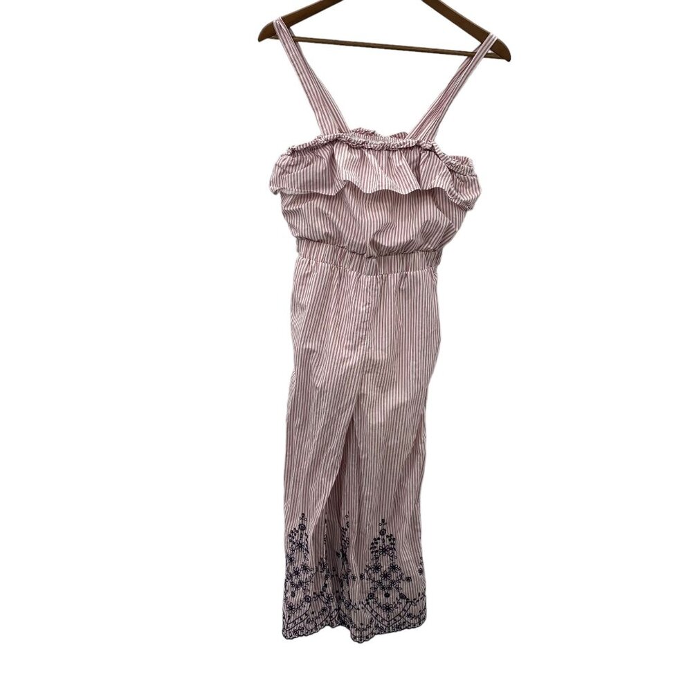 J.O.A. Small Pink Striped Ruffle Top Jumpsuit Embroidered Accents with Tie Back